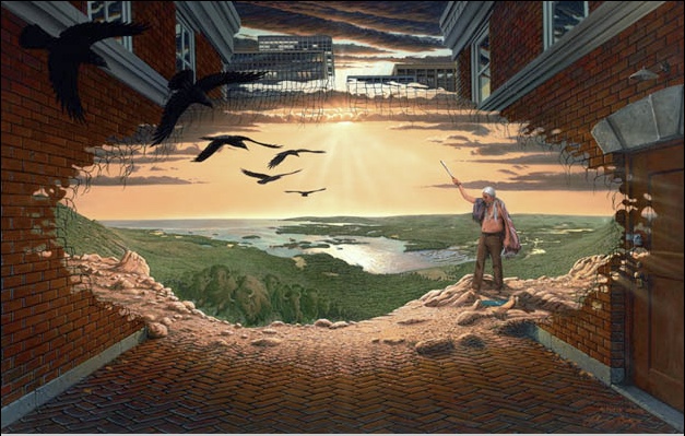 Between Worlds Jon Boots painting by Jon Boots man seen through dissipating bricks greeting buffalo and crows
