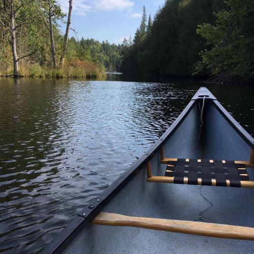 Sitting in a canoe paddling down a river. 