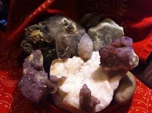 amethyst, crystal and rose quartz