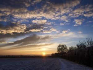 Snowy landscape at sunset