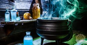 cauldron with blue and green vapours